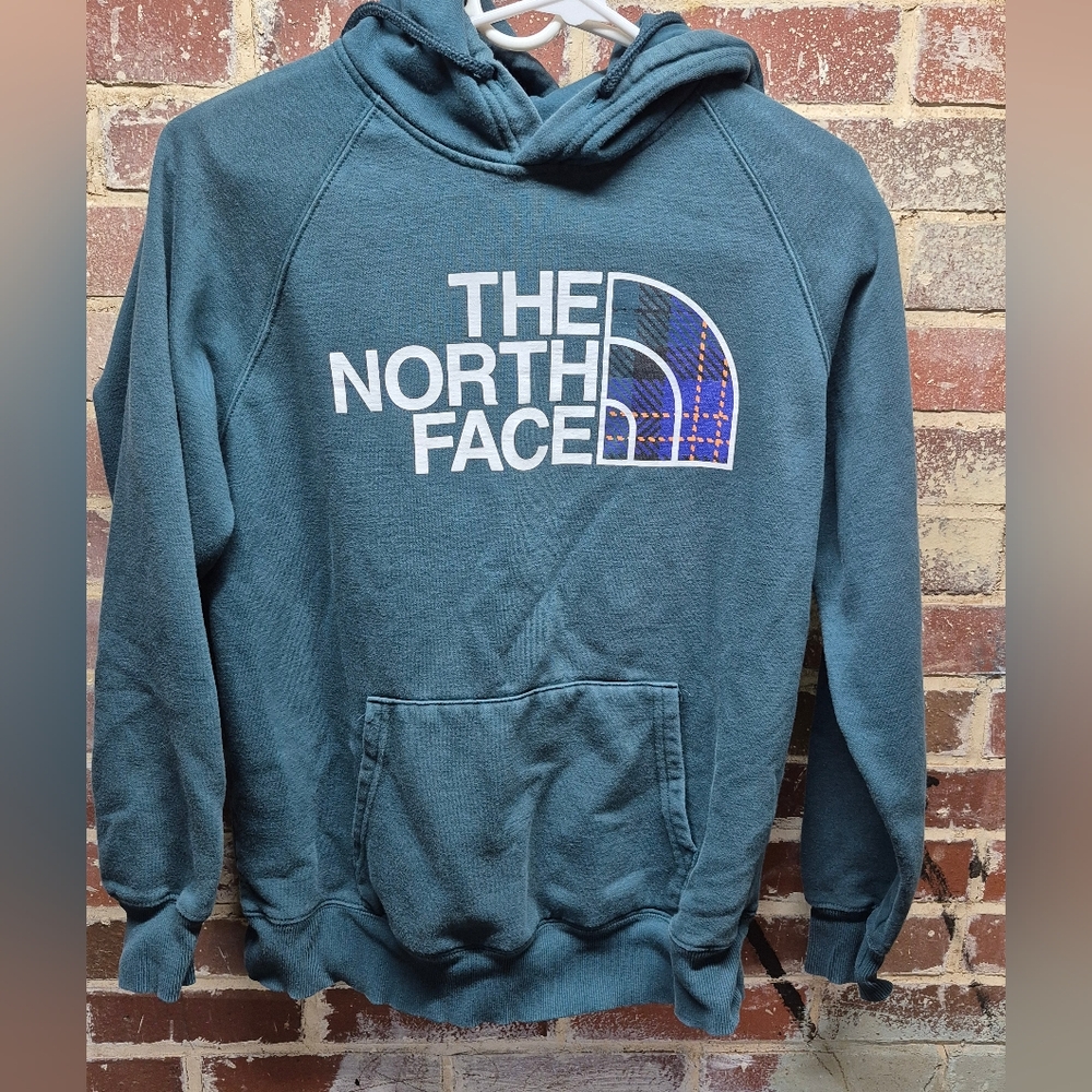 The North Face Plaid Logo Hoodie Sweatshirt Blue Gray Women's Medium M